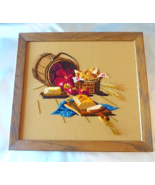 Crewel Embroidered Framed Picture Harvest Blessing Bread Apples 17&quot; x 15.5&quot; - £51.47 GBP