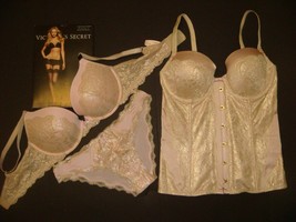 Victoria's Secret 34C BRA SET+garter+CORSET bustier+L panty PINK GOLD foil  lace