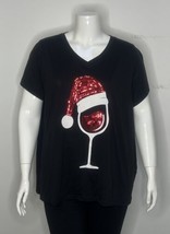 George Plus Women&#39;s Red Wine Santa Hat Graphic Xmas Short Sleeve Top Bla... - $14.99