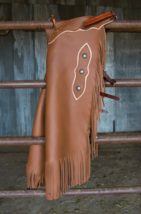 Western Cowboy Chink Chaps Handmade Buckskin Leather Rowdy Style - $89.77+