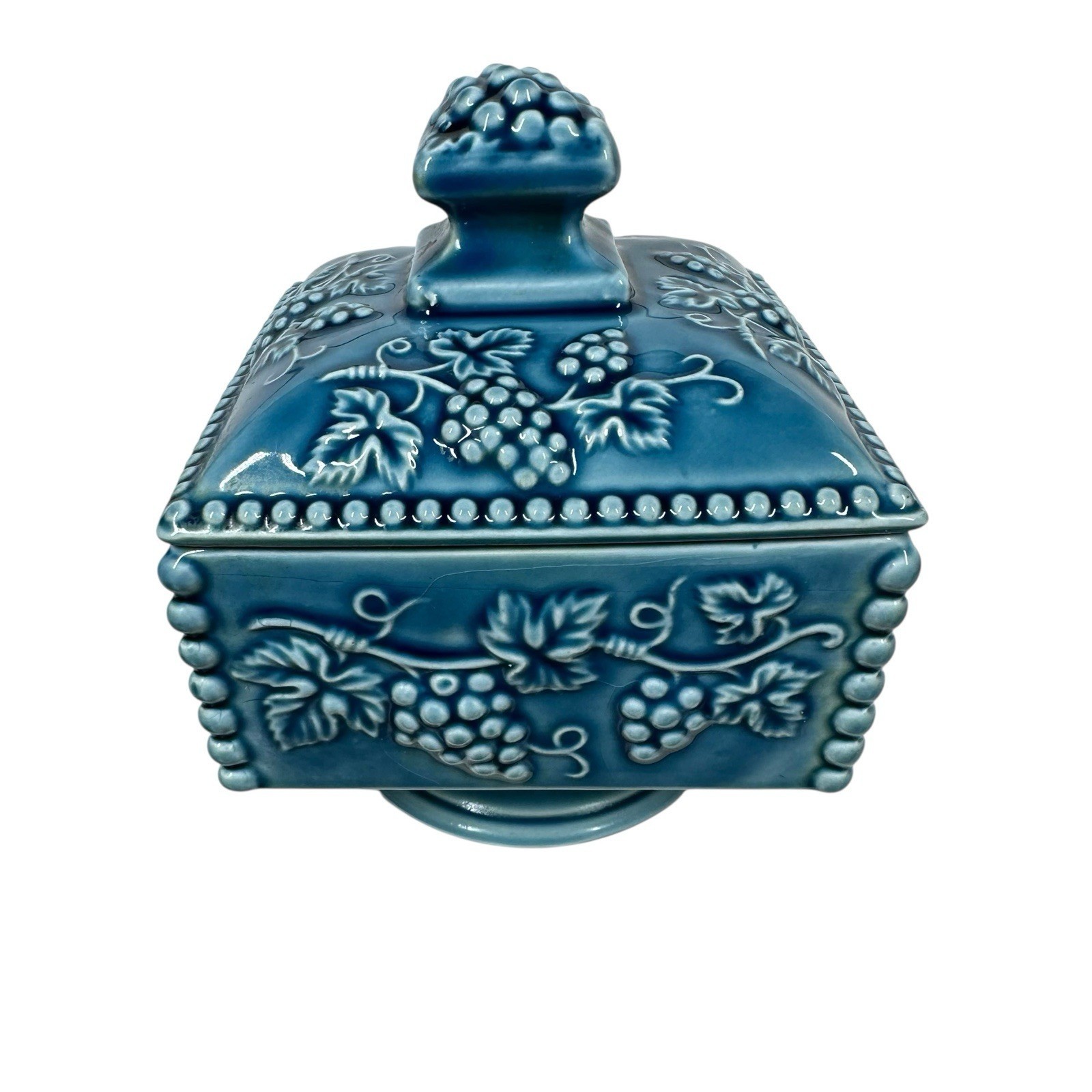 Vintage Enesco Turquoise Pedestal Grapevine Candy Nut Dish with Lid Square Japan Item image 3