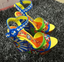 2016 spring/summer shoes painted yellow and blue wedge sandals peep toe ... - £198.07 GBP