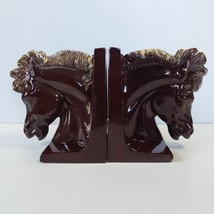 Vintage Bookends MCM Art Deco Ceramic Stallion Glossy Brown Light Mane Horse - $13.85