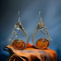 Antique sterling silver 925 amber earrings Signed jam - £98.32 GBP