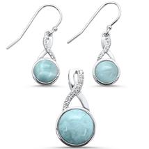 Sterling Silver Round Cut Natural Larimar &amp; CZ Pendant &amp; Earring Set - £56.01 GBP