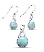 Sterling Silver Round Cut Natural Larimar &amp; CZ Pendant &amp; Earring Set - £54.34 GBP