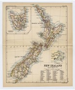 1888 ORIGINAL ANTIQUE MAP OF NEW ZEALAND AUCKLAND WELLINGTON CHRISTCHURCH - $33.35