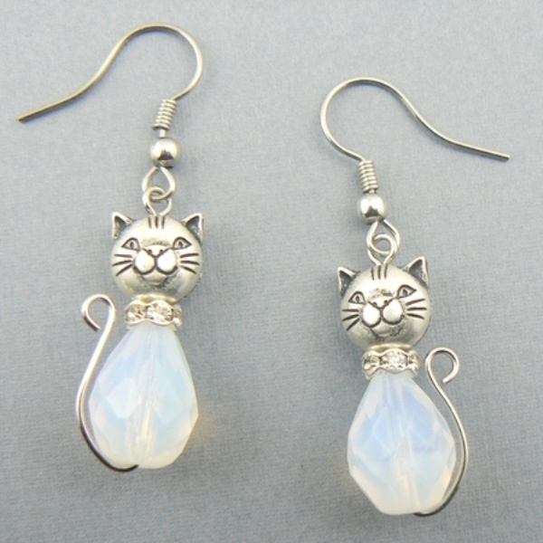 Cat Glass Drop Dangle Earrings - Opal (BN-EAR101) - £10.95 GBP
