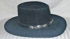 Vintage Henschel Leather &quot;Dude&quot; Hat w/ Nickel Conches 7 1/4 to 7 3/8 Black - Fre - £56.25 GBP
