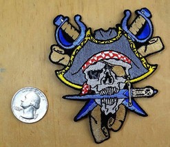 Pirate Skull With Dagger In Teeth IRON-ON / SEW-ON Patch 3&quot;X 3 1/2&quot; Grey - £3.82 GBP