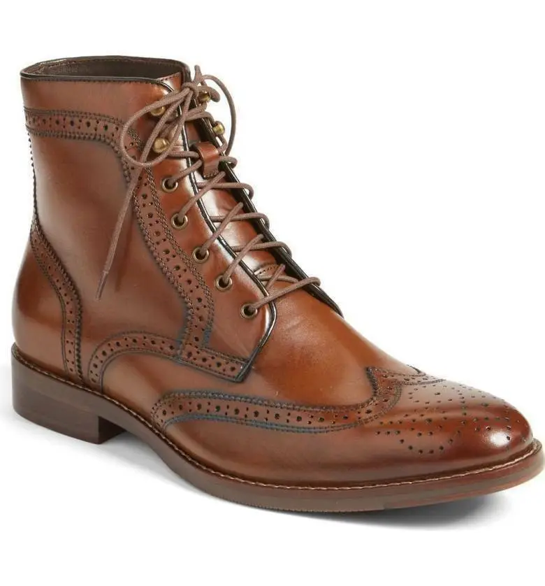 Men Handmade Boots Brogue Wingtip Ankle Brown Leather Formal Dress Casua... - £141.40 GBP