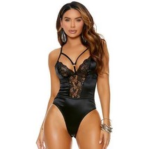 Satin Lace Teddy Underwire Strappy Cups O Ring Sheer Mesh Back Black 77136 - £24.63 GBP