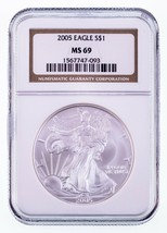 2005 $1 Silver American Eagle Graded by NGC as MS-69 - $68.31