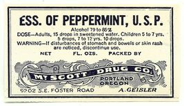 Pharmacy Label ESSENCE OF PEPPERMINT, U.S.P. MT. SCOTT DRUG CO. Portland... - $22.43