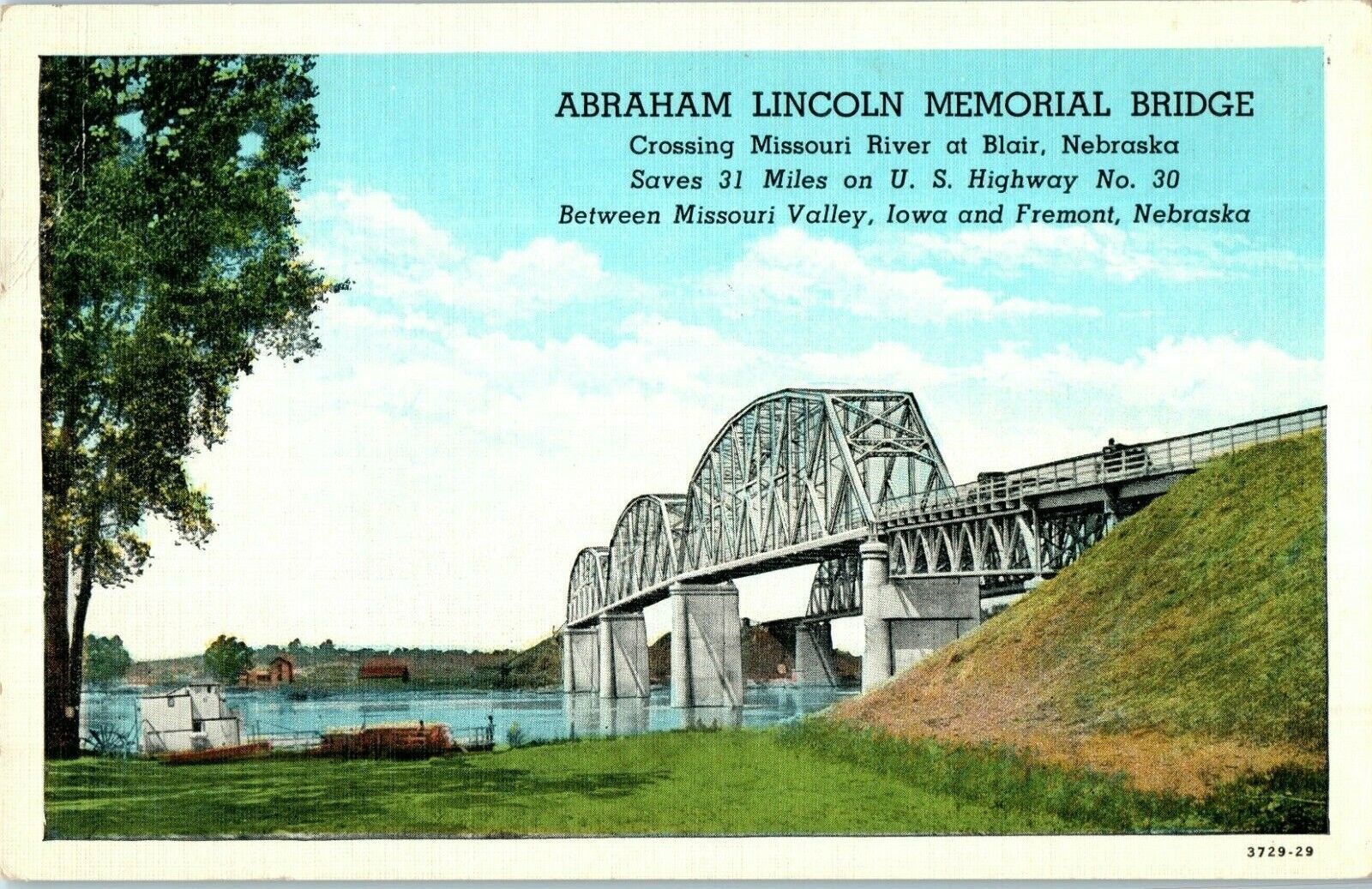 Primary image for Postcard Abraham Lincoln Memorial Toll Bridge Blair Nebraska 1938