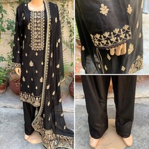 Pakistani Black  Straight Shirt 3-PCS Lawn Suit w/ FancyThreadwork ,X-Large - £63.00 GBP