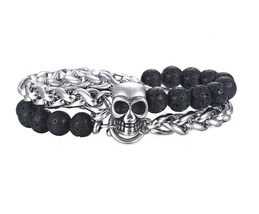 Stylish 8mm Lava Beads Men&#39;s Bracelet with Stainless Steel Wheat Link - $28.08