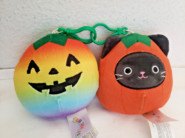 Squishmallow 3.5&quot; Calio Black Cat Staley Rainbow Pumpkin Halloween Clip Plush - £17.80 GBP