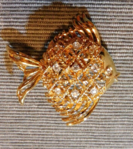 ALLISON REED Vintage Fish Brooch Pin Gold Tone Pale Blue Rhinestones Cut... - $29.95