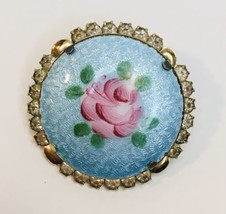 Vintage Guilloche Blue Pink Rose Flower Brooch Rhinestones Round Gold Tone - £15.67 GBP