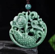 3D Craving Lotus Flower Koi Fish Real Genuine Jade Pendant Necklace - £61.07 GBP