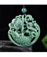 3D Craving Lotus Flower Koi Fish Real Genuine Jade Pendant Necklace - $104.57 CAD