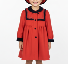 VTG Rothschild Girls 6X Red Wool Coat &amp; Hat Blue Trim Classic Holiday - $89.05