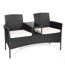 Patio Rattan Conversation Set Sofa Cushioned Loveseat Glass Table Chairs... - $196.99