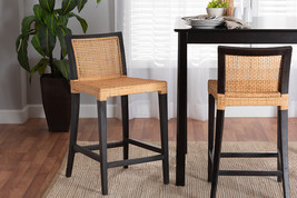 Azmi Dark Brown Mahogany Wood and Natural Rattan Counter Stool - $235.00