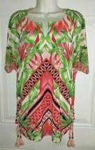 Rafaella Tropical Print Short SLeeve Gathered Side Hem Tassels Tunic Blouse MED - £7.23 GBP