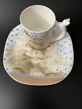 Vintage Cat Mug &amp; plate Minou-ettes Gray Fur Green Eyes 1985 Coeur Zrike - £22.32 GBP