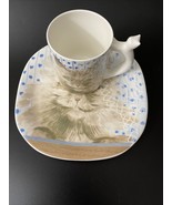 Vintage Cat Mug &amp; plate Minou-ettes Gray Fur Green Eyes 1985 Coeur Zrike - $39.15 CAD