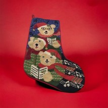 VTG Christmas Stocking Needlepoint Handmade 3 Teddy Bears Music Notes Multicolor - £20.56 GBP