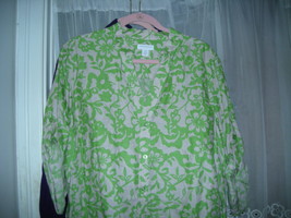 Nwt 20 W Charter Club Green Floral Print Linen Blouse Roll Tab Long Sleeve - $32.00