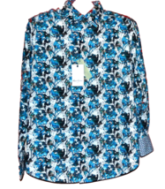 Robert Graham Teal Blue White Flower Cotton Men&#39;s Shirt Size L - £61.95 GBP