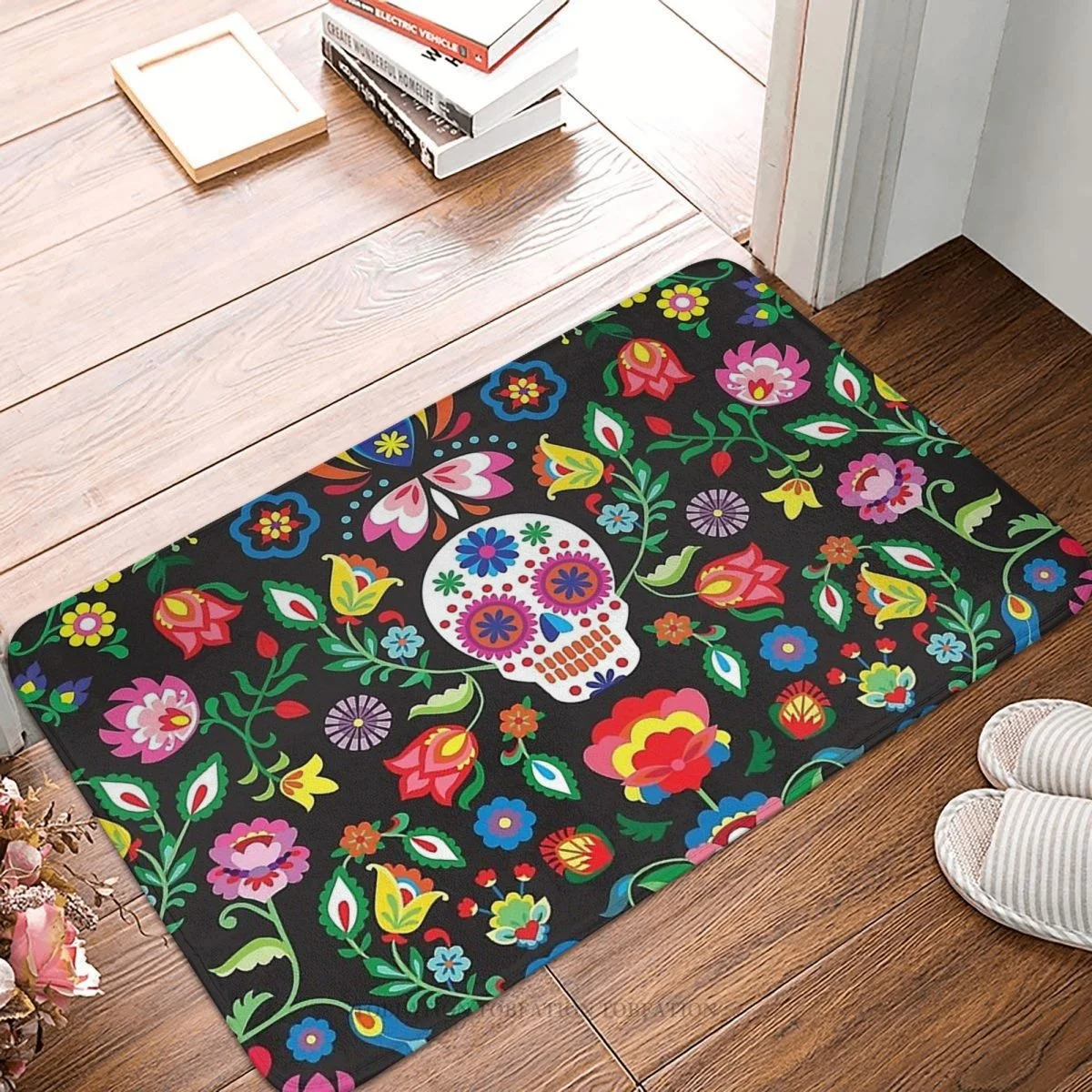 Skeleton Skull Bone Doormat Kitchen Mat Day Of The Dead Sugar Skulls Face Hallwa - $15.99