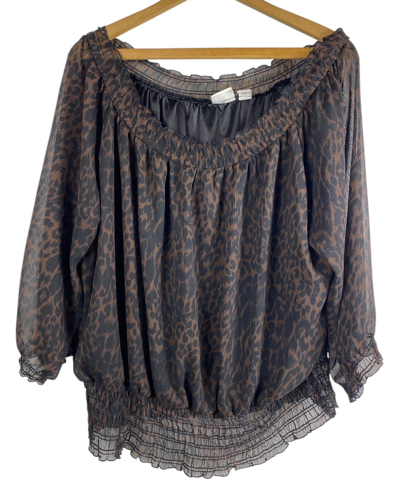 Cato Peasant Top Leopard Animal Print Chiffon Blouse Smocked Boho Romant... - $23.16