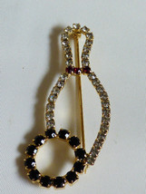Gold tone black  red &amp; clear crystal Bowling pin Brooch - £19.49 GBP