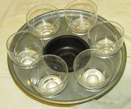 APPITIZER ROUND METAL SERVE TRAY HOLDS 6 SMALL GLASS BOWLS BUILT IN CENT... - £12.58 GBP