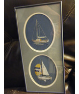 Handmade Framed &amp; Matted Cross Stitched Sail Boat Duo Wall Picture - $53.96