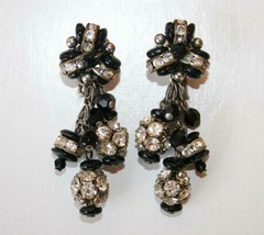 Vintage Dangle Black Bead &amp; Clear Crystal Ball Clip Earrings J397 - £26.59 GBP