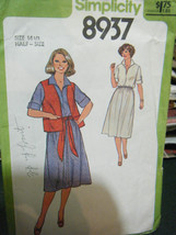 Vintage Simplicity 8937 Half - Size Dress, Vest & Sash Pattern - Size 14 1/2 - £4.96 GBP