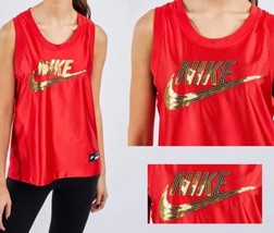 Nike Icon Womens Jersey Tank Top Red Sleeveless Crew Neck Gold Sequin Logo L New - £25.95 GBP