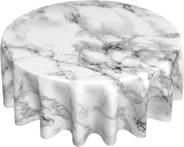 White Marble Tablecloth round 60 Inch, Black Grey Marbling Granite Surfa... - $24.30