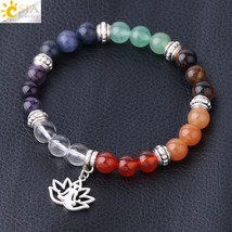 CSJA 7 Chakra Lotus Charms Bracelet Natural Stone Yoga OM 3D Pendants Meditation - £9.38 GBP