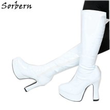 White Block Heel Women Boots Knee High Platform Shoe Ladies Plus Size 14 Vintage - £203.11 GBP