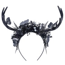 Handmade Black Deer Antlers Headband Gothic Reindeer Horns Elf Crown Dark Woodla - £37.78 GBP