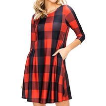 Women&#39;S Xl Red Plaid Dresses With Pockets Plus Size 3/4 Sleeves Flowy Tu... - $40.99