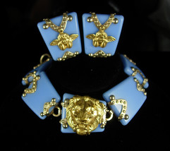 Vintage LION Bracelet Gold Victorian Cherub Gothic Bracelet &amp; earrings set Blue  - £137.66 GBP
