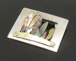 925 Silver &amp; 14K GOLD - Vintage Modernist Shiny Colorful Brooch Pin - BP9213 - £88.11 GBP